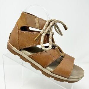 Sorel Torpeda Lace II Tan Light Brown Leather Flat Sandals Size 8.5 Comfort Boho